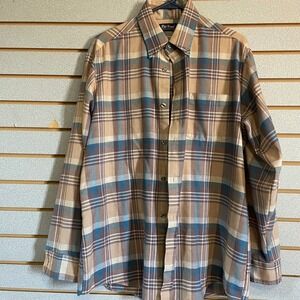 Par Four Sportswear Mens L Plaid Flannel‎ Button Up Shirt Long Sleeve Beige Blue